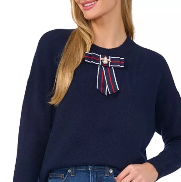 NEW! CECE Navy Crewneck Long Sleeve Striped Bow Sweater Embellished Bee Accent L - Picture 1 of 9